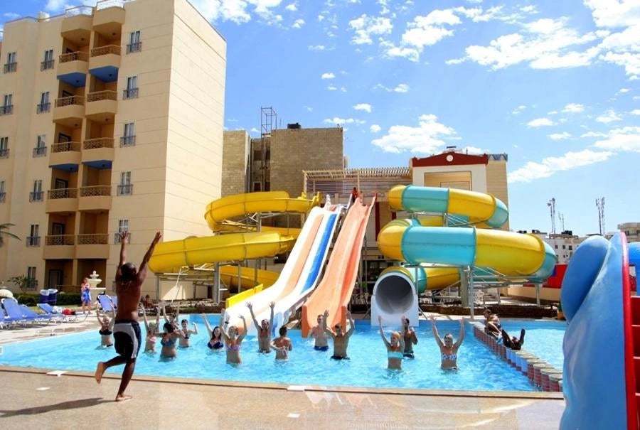 King Tut Aqua Park Beach Resort pool and hotel grounds